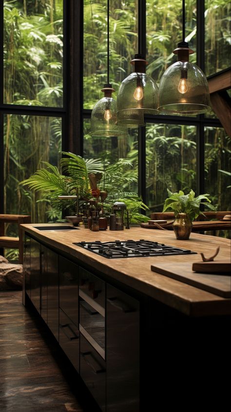 Living Room Designs Italian, Forest Cabin Modern Interior, Rainforest House Interior, Rainforest House Aesthetic, Nature Kitchen Aesthetic, Rainforest Interior Design, Biophilic Design Kitchen, Modern House Nature, Rainforest Kitchen