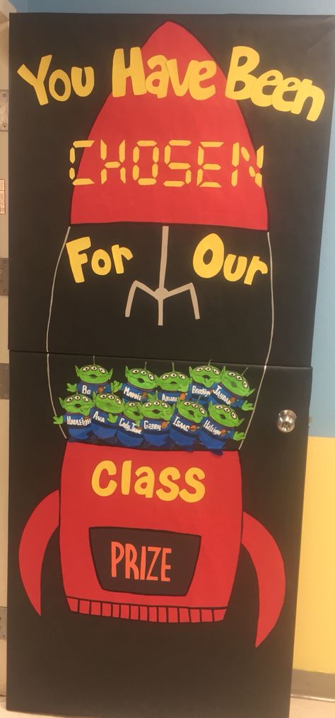 Toy Story Theme | Classroom Door Toy Story Space Theme, Toy Story Daycare Theme, Character Door Decorations Classroom, Unique Classroom Door Ideas, Toy Story Themed Classroom Ideas, Space Classroom Door Ideas, Space Classroom Bulletin Board, Toy Story School Decorations, Disney Preschool Classroom Decor