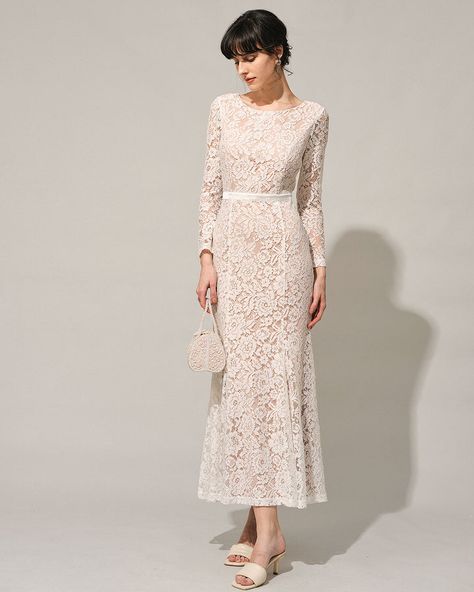 Cotton Lace Dress, White Lace Long Sleeve, Long Sleeve Floral Maxi Dress, Long Sleeve Backless Dress, Outfit Kondangan, Mermaid Maxi Dress, Backless Maxi Dress, Gaun Fashion, High Waist Dress