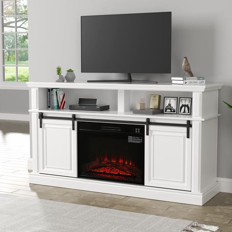 PRICES MAY VARY. 【Dimensions】The fireplace TV stand dimensions—58.1"L x 15.8"D x 32.3"H. Max capable bear 240 Ibs. Accommodates most flat screen TVs up to 65". 【23" Electric Fireplace】 Unlike the 18" electric fireplace, the 23" electric fireplace can provide more heat. It can heat a room up to 300 square feet. 【Remote Control and Timing function】The white electric fireplace tv stand come with a remote control, allowing you to easily adjust the various functions on the sofa without getting up fre White Electric Fireplace, Farmhouse Entertainment Center, White Tv Stand, Tv Console Modern, White Entertainment Center, Barn Door Tv Stand, Wood Entertainment Center, Fireplace Entertainment Center, White Tv Stands