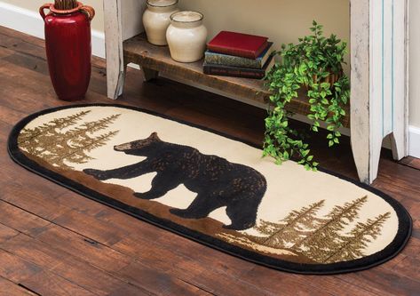 PRICES MAY VARY. 60 Day No Hassle Returns A Black Forest Decor Exclusive - Featuring a black bear scene in brown, pine green, black, natural and gold, this soft polypropylene pile oval rug offers classic lodge appeal. Fade and stain resistant. Measures 2'2"W x 5'3"L. Alec Aesthetic, Mountain Ideas, Beer Decor, Diy Log Cabin, Large Cabin, Black Bear Decor, Cabin Rugs, Rustic Area Rugs, Bear Cabin