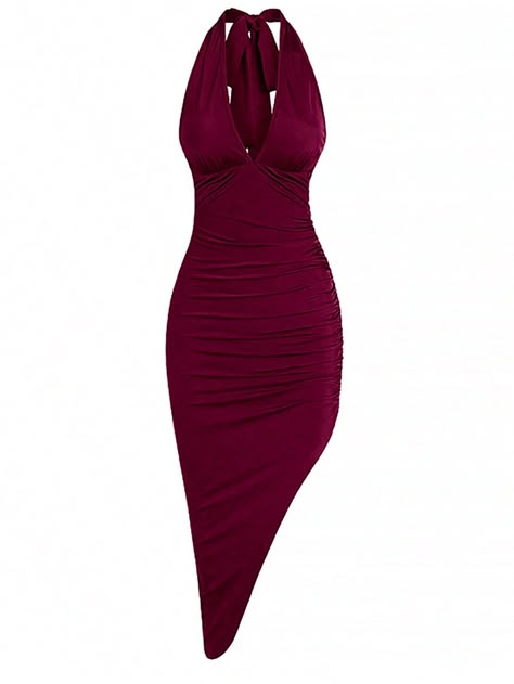 Summer Sexy Solid Color Sleeveless Dress With Draped Asymmetrical Hem, Halter Neck And Slim Fit Strap Burgundy Elegant,Sexy  Sleeveless Knitted Fabric Plain Bodycon Medium Stretch  Women Clothing, size features are:Bust: ,Length: ,Sleeve Length: Png Clothes Dress, Vintage Archive Fashion, Halter Neck Dresses, Elegant Mini Dress, Red Bodycon Dress, Clothing Pieces, Women Midi, Halterneck Dress, Dress For Short Women