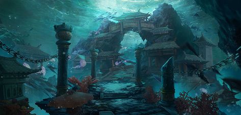 ArtStation - Underwater Temple Underwater Temple, Underwater Palace, Temple Poster, Art Underwater, Pirate Boats, Sunken City, Underwater City, Underwater Art, Temple Art