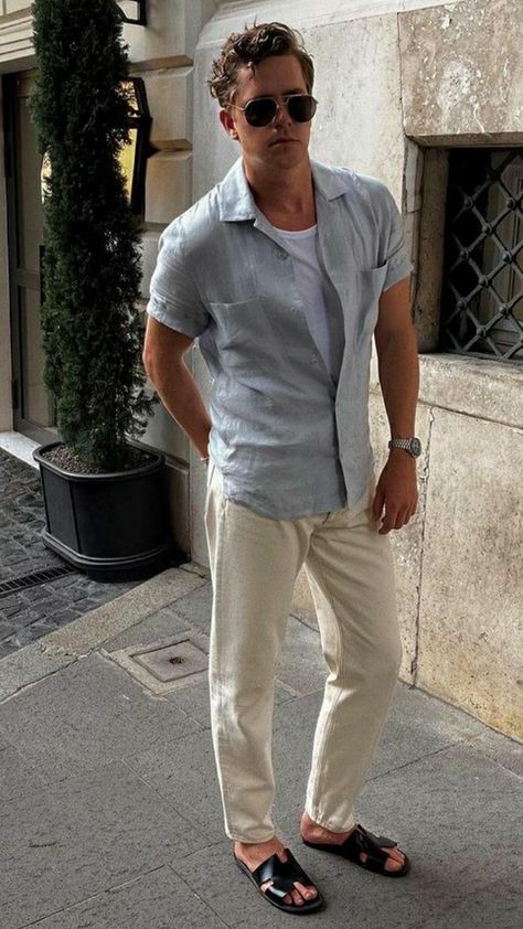 Old Money Holiday Outfits Men, Izmir Sandal Men Outfit, Linen Summer Outfit Men, Italian Male Fashion, Hermes Izmir Men Outfit, Florence Summer Outfits, Men’s Resort Wear, Mens European Fashion Summer, Hermes Izmir