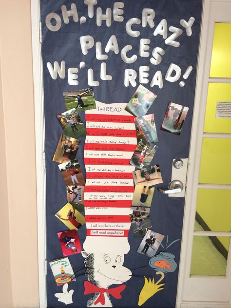 Crazy about Reading week! Classroom door decorated based on the Dr. Seuss book, "Oh, the Places You'll Go". Classroom Door Book Theme, Read Across America Door Decorations, Diy Book Cover Ideas, Book Door Decorations, America Decorations, Kindergarten Classroom Door, Library Door, Diy Book Cover, Classroom Door Decorating