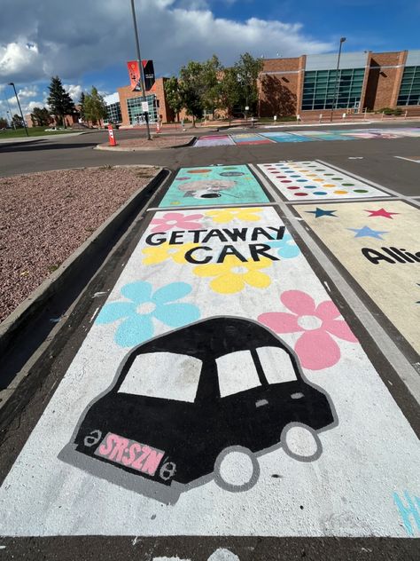 Class Of 2025 Parking Spots, Getaway Car Parking Spot, Painted Parking Spots Taylor Swift, Taylor Swift Themed Senior Parking Spots, Car Spot Painting Ideas, Taylor Swift Parking Spot Painting Ideas, Senior Parking Space Ideas Taylor Swift, Senior Parking Spaces Taylor Swift, Taylor Swift Parking Spot Painting