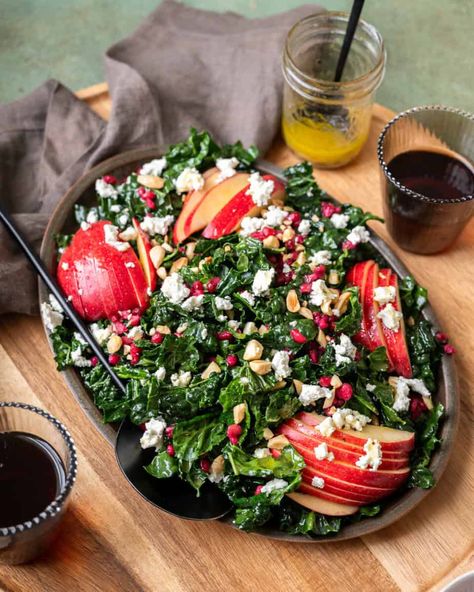 Crunchy Winter Kale and Pomegranate Salad Recipe - Tasting With Tina Kale Apple Pomegranate Salad, Pomegranate Salad Recipes, Boursin Stuffed Mushrooms, Pomegranate Kale Salad, Smoked Sausage Recipes Pasta, Pomegranate Recipes Salad, Smoked Sausage Pasta, Lemon Juice Uses, Sausage Pasta Recipes