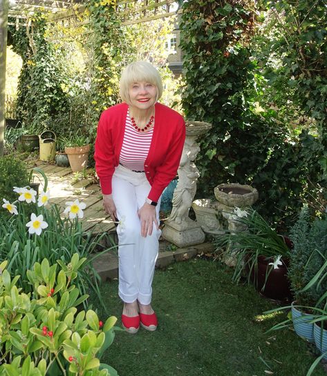 Red Cardigan 4 Ways - and Link-Up Blue Sunday, Red Espadrilles, Black Waist Belt, Fancy Friday, Fashion Highlights, Pattern Shoes, Cherry Earrings, Red Cardigan, Link Up