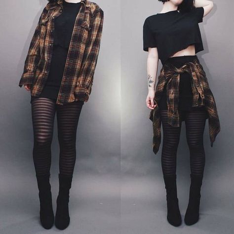 Grunge Style Outfits, Svarta Outfits, Black Tights Outfit, Lakaran Fesyen, Plaid Shirt Outfits, Vestiti Edgy, Look Grunge, Converse Outfits, Ulzzang Korea