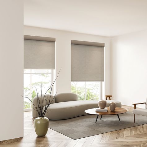 Let softly diffused sunlight fill your home with Veneta Designer Light Filtering Roller Shades. Choose from a wide variety of colors and patterns to match your décor or create something new. Cordless options help create a safe environment - ideal for homes with kids or pets. Unlike traditional roller shades that can be frustrating to adjust exactly where you want them – Veneta roller shade systems move freely and easily to any position you want. Choose from Sheer, Light filtering, and Natural fa Scandinavian Window Shades, Beige Window Blinds, Roller Blinds Mid Century, Family Room Shades Window Treatments, Window Treatments Small Windows, Mid Century Modern Window Coverings, Blinds And Shades For Windows, Motorized Window Treatments, Window Shades With Curtains