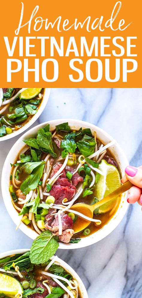 This Americanized take on Vietnamese pho soup combines ingredients you can find in your pantry at home for a delicious soup with rice noodles, beef and fresh herbs #Pho #soup #beef Pho Recipe Easy, Meatloaf With Bacon, Homemade Pho, Soup Beef, Vietnamese Pho, Pho Soup, Pho Recipe, Beef Noodle Soup, Homemade Beef