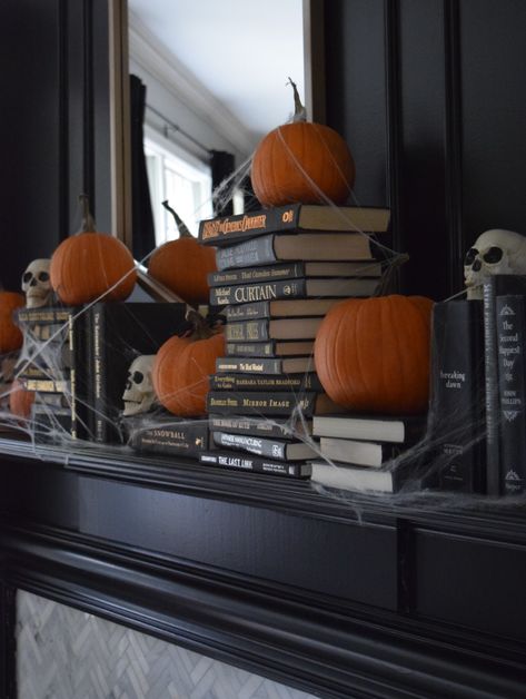 Halloween Mantel Spooky Mantle, Decorating With Books, Halloween Mantle, Halloween Mantel, Halloween Books, Halloween Coffee, Black Books, Fall Decorating, Halloween Home Decor