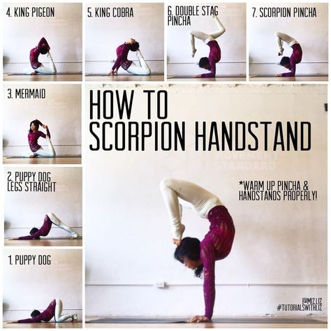 HOW TO SCORPION HANDSTAND✨ . Poses to warm your scorpion handstand ❤️ Things that need to happe Scorpion Handstand, Handstand Poses, Handstand Progression, Cardio Yoga, Trening Sztuk Walki, Yoga Handstand, Modele Fitness, Yoga Beginners, Dancer Workout