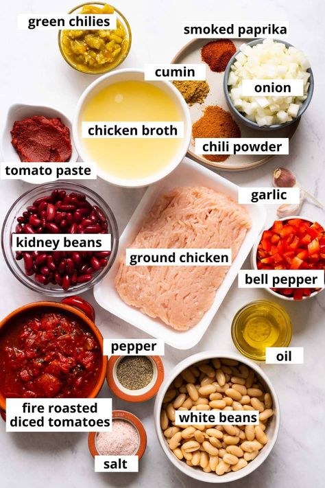 One Pot Chicken Chili, Ground Chicken Chili Recipe Easy, White Chicken Chili Ground Chicken, One Pot Ground Chicken Recipes, Ground Chicken Recipes Soup, White Chicken Chili With Ground Chicken, Ground Chicken Chilli Recipes, Chicken Chili With Ground Chicken, Ground Chicken Chili Crockpot