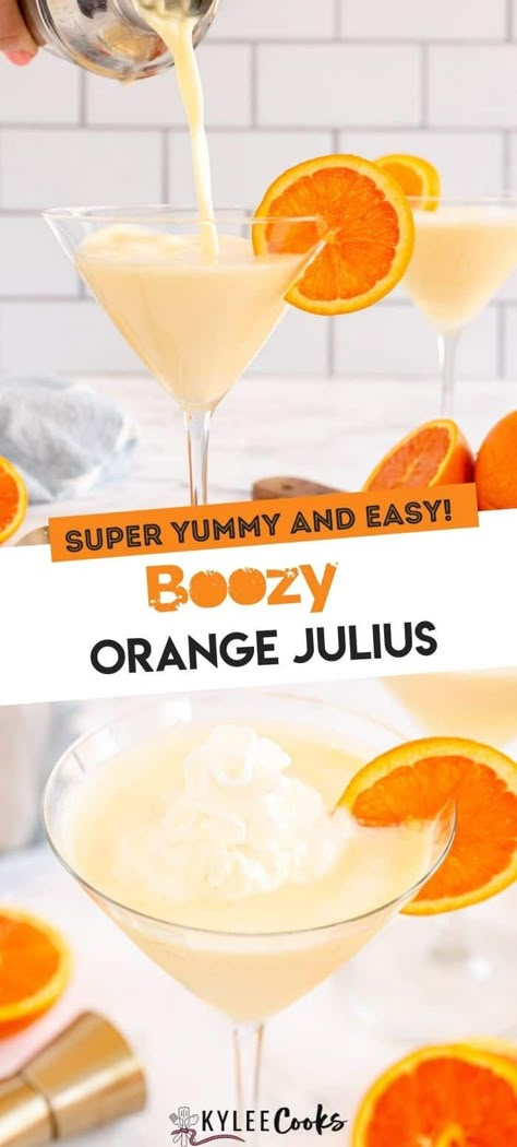 Creamy, dreamy and fruity - this orange creamsicle cocktail is fantastic. Reminiscent of the frozen treat, but also of an Orange Julius, this is one of my favorite cocktails to make for friends who drop by, since I usually have the 3 ingredients on hand all the time! Whipped cream flavored vodka is the key ingredient in this boozy take on a mall classic! Orange Creamsicle Vodka Drink Recipe, Whip Cream Vodka Recipes, Orange Creamsicle Martini, Whipped Vodka Cocktails, Whipped Vodka Drinks Recipes, Orange Vodka Drinks, Pinnacle Whipped Vodka Recipes, Prosecco Limoncello, Whipped Cream Vodka Recipes