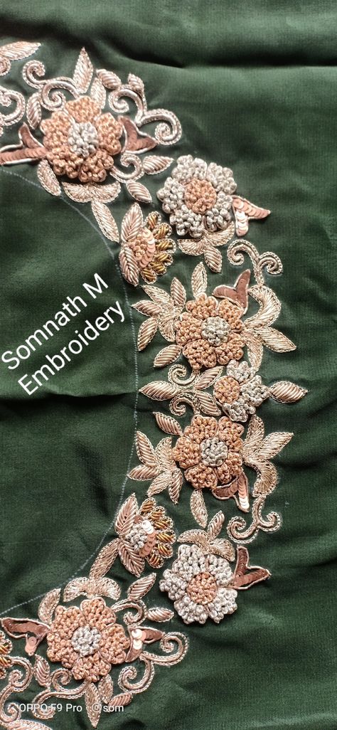 Hand Work Zardosi Border, Boat Neck Embroidery Designs, Dabka Work Embroidery Suits, Embroidery Designs With Beads, Work Blouse Hand Designs, Embroidery Samples, Blouse Maggam Work, Hand Work Design, Zardozi Embroidery