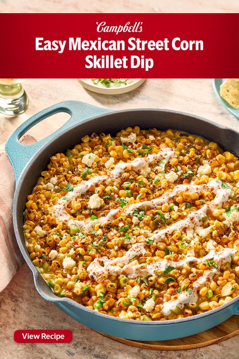 Mexican street corn is corn on the cob, blackened on the grill, slathered with a spicy, creamy sauce and sprinkled with tangy cheese. This Easy Mexican Street Corn Dip recipe is just as delicious, but much faster and easier to make and serve for any graduation party.  Just toast the spices in the skillet, add the corn and let it char just enough to add some smoky flavor.  Stir in the soup, cheese, green onion and lime to transform the corn into a creamy dip in a skillet. Mexican Street Corn Skillet Recipe, Mexican Street Corn Skillet, Bonfire Foods, Street Corn Skillet, Corn Skillet, Easy Mexican Street Corn, Tomato Soup Healthy, Skillet Dip, Soup Cheese