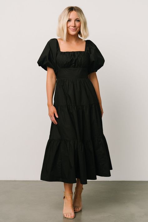 Cindy Puff Sleeve Tiered Dress | Black - Baltic Born Cute Black Dresses Classy, Black Dresses Plus Size, Sundress With Sleeves, Elopement Outfit, Puff Long Sleeve Dress, Midi Black Dress, Black Sundress, Casual Dresses Plus Size, Black Dresses Classy