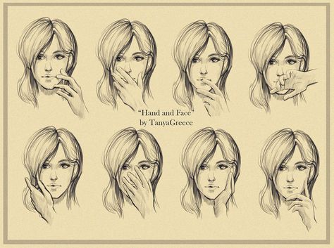 Hand and Face by TanyaGreece Hand Caressing Face Reference Drawing, Hand Cupping Face Reference, Running Hands Through Hair Reference, Hand Grabbing Face Reference, Hand On Cheek Reference, Poses Hands, Hair References Drawing, Hand On Face, Drawing 101