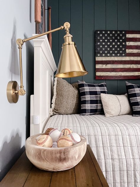 Boys Americana Bedroom, American Flag Boys Room, Americana Boy Room, Boys Room Farmhouse, New England Style Bedroom, Boys Baseball Bedroom, Americana Room, Americana Bedroom, Baseball Theme Room