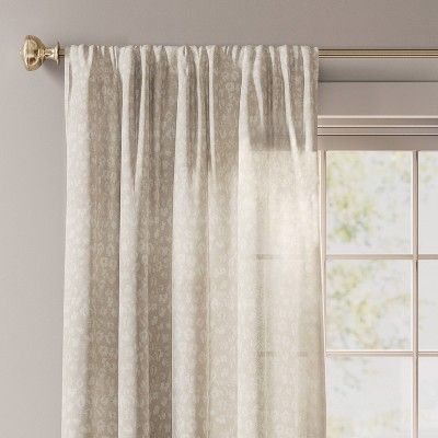 Add amazing pattern and a beautiful look to your room decor with the Printed Farrah Light Filtering Curtain Panel from Threshold™. This printed window curtain panel comes in a neutral shade with a light filtering feature that lets sunlight brighten your room by softly sifting through while still giving you moderate privacy. Made with a soft cotton fabric blend, this window curtain panel comes with rod pocket that allows the rod to easily slip through and create gathers with clean lines.  Thresho Neutral Curtains Target, Curtains With Brown Blinds, Swiss Dot Curtains, Light Bedroom Curtains, Small Dining Room Curtain Ideas, Dining Room Window Curtains, Simple Curtain Ideas For Living Room, Curtains On White Walls, Dinning Room Curtain Ideas Window