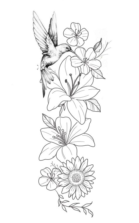 Arm Tattoos For Women Outline, Robin Bird Tattoos For Women, Simple Sleeves Design Tattoo, Tattoo Ideas Representing Children, Tattoo Inspo Women Arm, Hummingbird And Flower Drawing, Tree With Flowers Tattoo, Arm Tattoos For Women Stencil, Hummingbird Tattoo With Flowers Half Sleeves