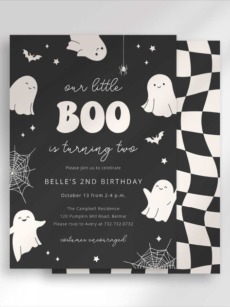 👻🎉 Celebrate with a spooky twist! "Our Little Boo is Two" birthday invitations are perfect for a Halloween-themed birthday party. All text can be edited, can accomodate any age! Customize, download and print or send digitally, and get ready for a ghostly good time! 🎃🎂 #LittleBooIsTwo #HalloweenBirthdayInvitation #HalloweenBirthday #CuteGhostInvitation #BooBirthday #BirthdayHalloweenInvitation #NotTooSpookyBirthday #NotTwoSpookyBirthday #SpookyOne #DigitalHalloweenBirthdayInvitation Our Boo Is Two, Our Little Boo Is Turning Two, 2 Birthday Invitation Template, Two Birthday Invitations, Two Spooky 2nd Birthday Party, Turning Two Birthday, Little Boo Is Turning Two, Boo Is Turning Two, Halloween Themed Birthday Party