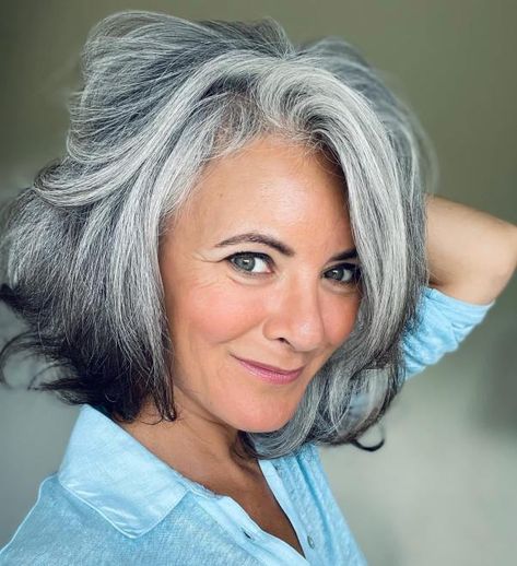 Salt and Pepper Reverse Ombre Bob Grey Brown Hair, Reverse Ombre, Gray Balayage, Ombre Bob, Salt And Pepper Hair, Gorgeous Gray Hair, Grey Hair Inspiration, Professional Hair Color, Beautiful Gray Hair