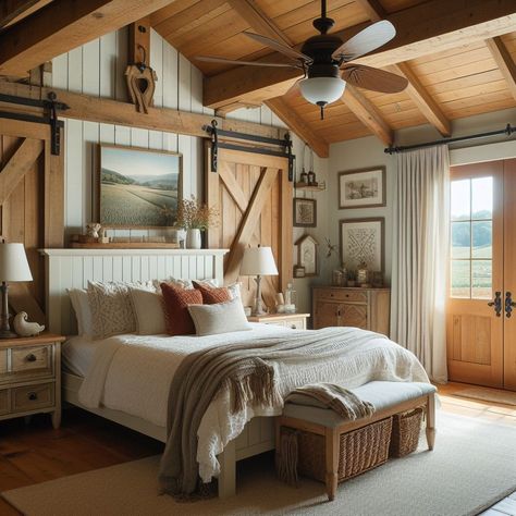 Farmhouse Bedroom Barn Door Headboard Barndominium Bedroom Ideas, Barn Bedroom Ideas, Rustic Farmhouse Bedroom Ideas, Barn Door Headboard, Yard Layout, Barn Bedroom, Bedroom Barn Door, Barn Bedrooms, Rustic Farmhouse Bedroom