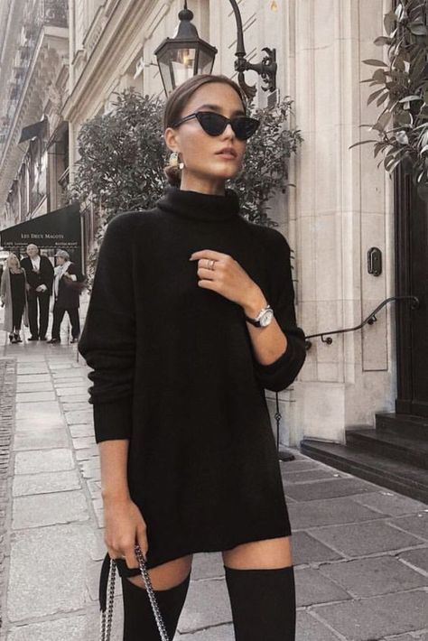 Black Sweater Dress Outfit, Knitted Dress Outfit, Black Dress Winter, Outfit Elegantes, Sweater Dress Outfit, Outfit Invierno, Black Sweater Dress, Outfit Inspiration Fall, Street Style Chic