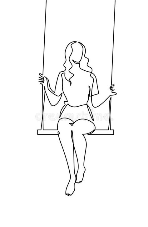 Continuous one line drawing youg woman swinging on swing. Leisure time vector illustration. Continuous one line drawing youg woman swinging on swing. Leisure royalty free illustration Free Time Drawing Ideas, Free Line Drawing, Embroidery Line Art Canvas, Continuous Line Art Drawings, Art Sketches Person, Simple Woman Drawing, Line Drawings Women, Women Outline Art, One Line Drawing Aesthetic