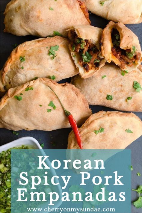 Empanadas Recipe With Raisins, Mexican Asian Fusion Food, Ground Pork Empanadas Recipe, Empanada Business, Pork Empanadas Recipe, Beef And Potato Empanadas Recipe, Pulled Pork Empanadas, Korean Pastries, Korean Mexican Fusion