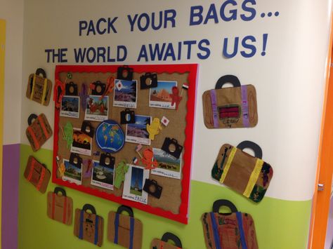 Pack Your Suitcase - What would you need to pack for vacation? #TheLearningExperience #TLEHeathrow Around The World School Theme, Vacation Theme Preschool, World Theme Classroom, Around The World Classroom Theme, Holidays Around The World Kindergarten, Around The World Kindergarten, Travel Bulletin Boards, World Bulletin Board, Travel Classroom