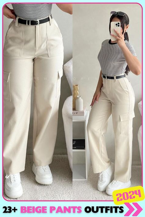 Beige cargo pants with a casual top for an effortlessly cool and rugged look. The pockets add edge, while the neutral tones keep it sleek and trendy, perfect for a day of running errands. Cream Colored Pants Outfit, Beige Slacks Outfit Women, Beige Pants Outfit Ideas, Beige Top Outfit, Beige Jeans Outfit, Beige Cargo Pants Outfit, Carpenter Pants Outfit, Cargo Pant Outfits, Beige Pants Outfit