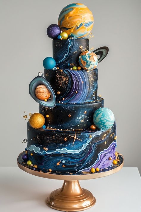 Magical Milky Way Birthday Cake Idea: Perfect for Space Lovers Outer Space Cake Ideas, Galaxy Cake Birthday, Galaxy Cake Design, Birthday Cake Aesthetic Blue, Comic Cake Birthday, Galaxy Theme Cake, Fondant Planets, Galaxy Themed Cake, Galaxy Birthday Party Ideas