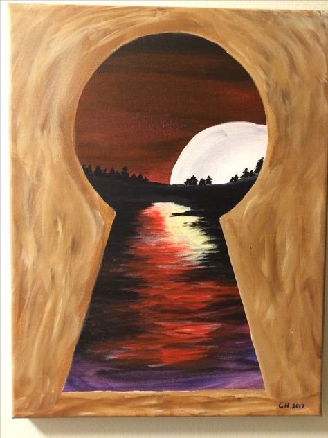 Looking through the keyhole (painted April 13, 2017) Looking Through Key Hole Drawing, Key Hole Paintings, Looking Through A Keyhole Art, Surreal Art Painting Easy, Looking Through Art, Through The Keyhole Art, Keyhole Art Ideas, Surrealism Painting Easy, Keyhole Drawing Ideas