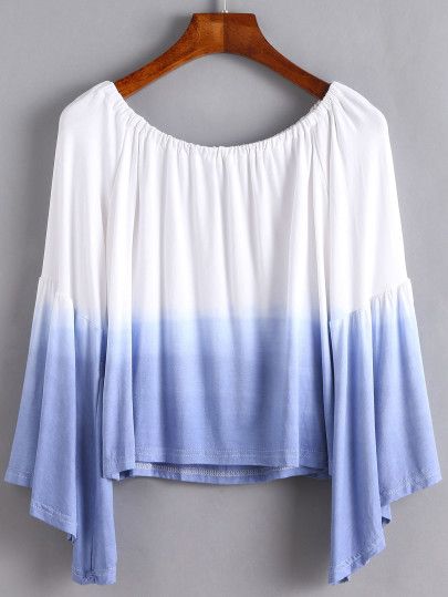 Ombre Boat Neck Bell Sleeve T-shirt Cotton Short Tops, Kurti Top, Boat Neck Long Sleeve, T Shirt Long Sleeve, Cape Designs, Color Block Tee, Boat Neck Tops, Polyvore Outfits, Shibori