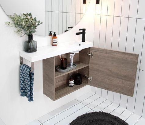 Small Space Vanity, Bamboo Cabinets, Architectural Designer, Narrow Bathroom, Door Crafts, Ideal Bathrooms, Kitchen Solutions, Cabinet Finishes, Black Shower