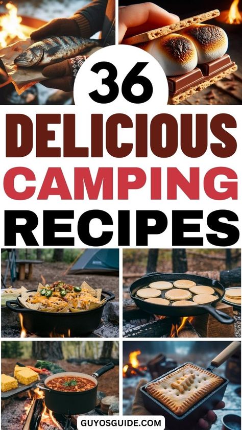 36 Delicious Camping Recipes Camping Skillet Meals Dinners, One Pan Campfire Meals, Potato Camping Recipes, Things To Cook While Camping, Campfire Recipes Dinner, Easy Camping Grill Meals, Camp Fire Cooking Ideas, Fall Camping Treats, Camp Foil Meals