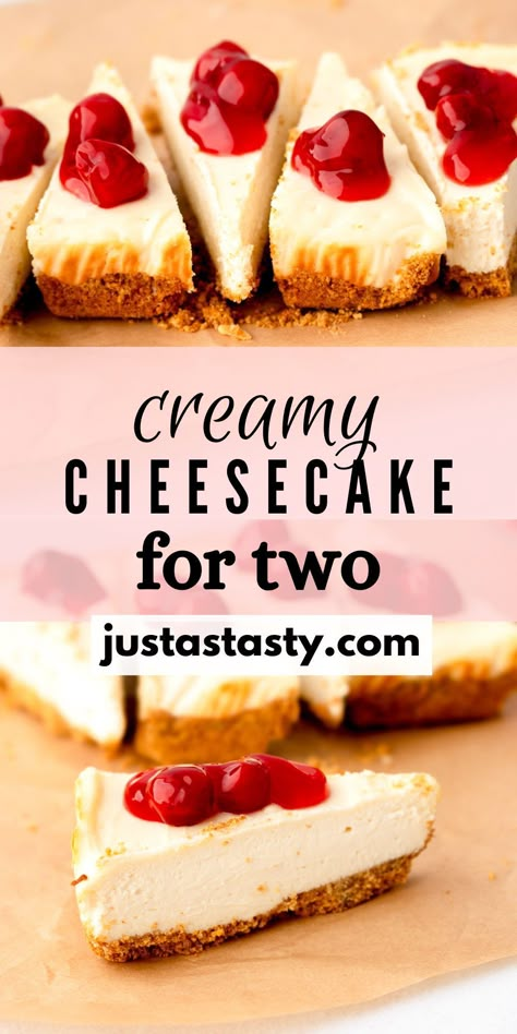 This creamy small batch cheesecake for two is the perfect date night dessert! Small Batch Cream Cheese Desserts, One Serving Cheesecake, Small Cheese Cakes Recipes, No Bake Cheesecake For Two, Small Batch No Bake Cheesecake, Baking For Two Recipes, Cheesecake For Two Recipe, Cheesecake Recipes For Two, Small Batch Cheesecake Recipe