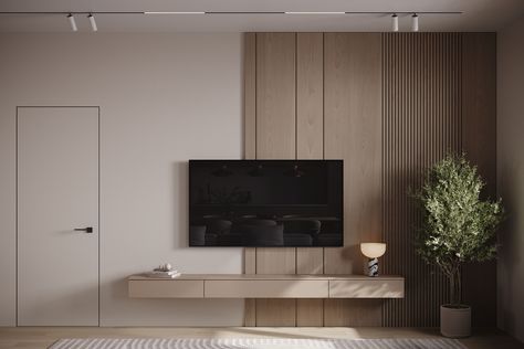 Minimalist beige apartment design :: Behance Beige Tv Wall, Japandi Tv Wall, Minimalist Tv Wall, Beige Apartment, Apartment Tv, Living Room Designs India, Tv Unit Interior Design, Japandi Living, Living Room Tv Unit Designs