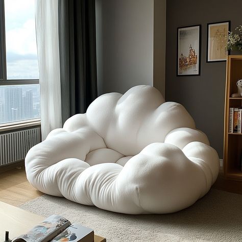 The Cloud Bean Bag is a plush, cloud-shaped seat that brings ultimate comfort and relaxation to any space. Designed to resemble a soft, fluffy cloud, its rounded, gentle contours and cushioned form cradle your body, offering a cozy place to lounge. Made from premium, breathable fabric and filled with high-density foam, this bean bag molds to your shape, providing ergonomic support. Perfect for reading, napping, or simply unwinding, the Cloud Bean Bag adds a whimsical, nature-inspired touch to... Cloud Home Decor, Room Seating Ideas Bedrooms, Cloud Furniture, Cloud Chair, Cloud Room, Bean Bag Office, Magnolia Room, Wide Chair, Cloud Bed