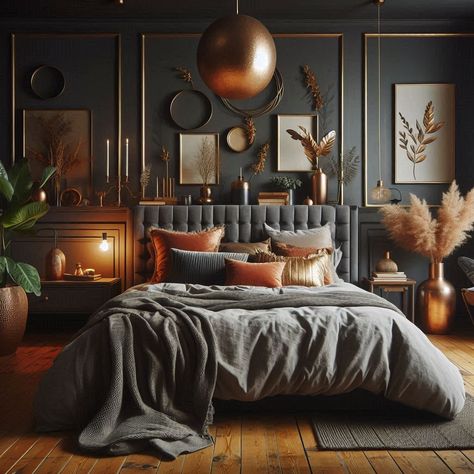 Dark Cozy Bedroom Dark Moody Eclectic Bedroom, Rich Color Bedroom Ideas, Bedroom Chocolate Brown, Dark Cozy Bedding, Dark Modern Boho Bedroom, Master Bedrooms Dark Gray Walls, Dark Charcoal Bedroom Walls, Dark Colors Bedroom, Cinnamon Slate Bedroom