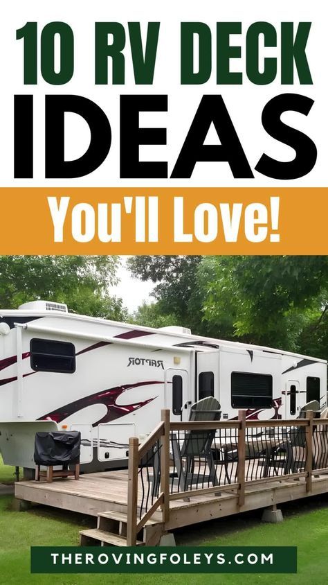 Diy Rv Patio Ideas, Campsite Deck Ideas, Rv Deck Decorating Ideas, Seasonal Rv Site Ideas Campsite, Rv Covered Deck Ideas, Decks For Campers, Rv Exterior Decor, Rv Patio Ideas Campsite, Camping Patio Ideas