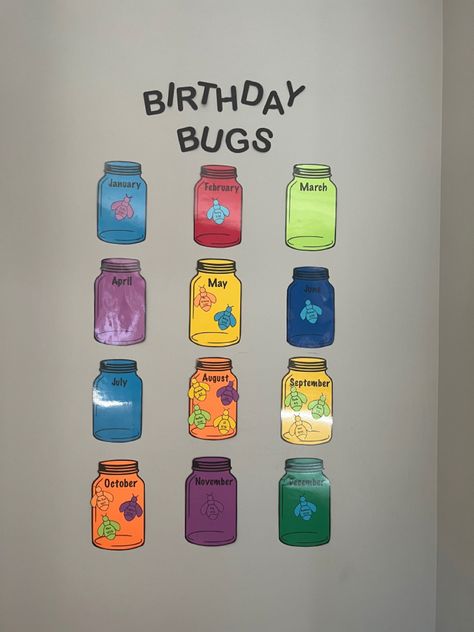 Birthday Bugs for classroom wall! Infant Classroom Art Display, Birthday Kindergarten Wall, Classroom Decor Butterflies, Birthday Bugs Bulletin Board, Theme Classroom Ideas Preschool, Pre K Classroom Bulletin Boards, Birthday Board Ideas For Preschool, Birthday Board Classroom Ideas, Classroom Art Display Wall Preschool