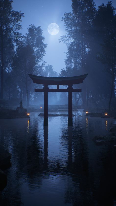 Shrine Wallpaper Anime, Japan Dark Wallpaper, Old Japanese Paintings, Torii Gate Aesthetic, Forest Shrine Art, Japanese Shrine Wallpaper, Japanese Art Wallpaper Aesthetic, Japanese Mythology Aesthetic, Dark Japan Wallpaper