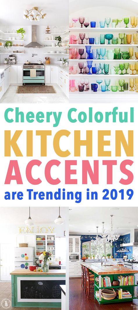 2019 Kitchen Trends are Cheery Colorful Kitchen Accents  #KitchenTrends #2019KitchenTrends #ColorfulKitchenTrends #Trends #HomeDecorTrends #ColorfulKitchen #KitchenColorfulTrends #ColofulKitchenAccessories # White Kitchen With Color, Kitchen Accent Colors, Modern Colorful Kitchen, Kitchen With Color, Colorful Kitchen Accessories, Kitchen Credenza, Old Kitchen Tables, Cottage Market, Colorful Kitchen