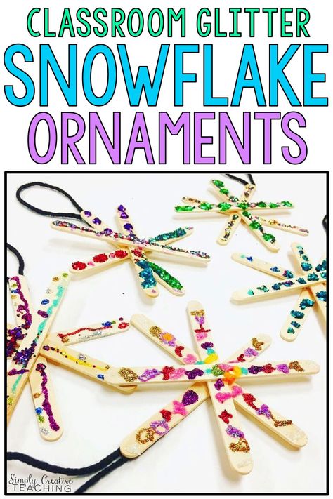 Christmas Party Kindergarten, Class Holiday Party, Holiday Crafts Kindergarten, Classroom Winter Party, Popsicle Stick Snowflake Ornaments, Kindergarten Christmas Party, 2nd Grade Crafts, Kindergarten Christmas Crafts, First Grade Crafts