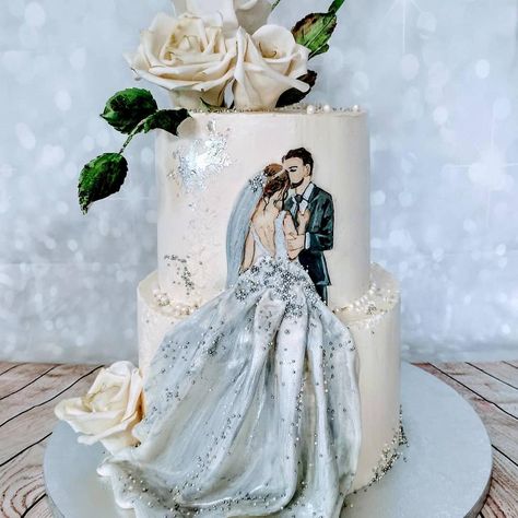 Paintet wedding couple. #gumpasteflowers #swissmeringue #ediblecolours #paintedcake #handpaintedweddingcake #paintedwedding #cake #cakedecorating #cakeart #cakedecor #cakesdecor Wedding Entrees, Artist Cake, Happy Wedding Anniversary Wishes, Wedding Anniversary Cakes, Wedding Dress Sketches, Elegant Birthday Cakes, Wedding Anniversary Wishes, Wedding Dress Cake, Amazing Wedding Cakes