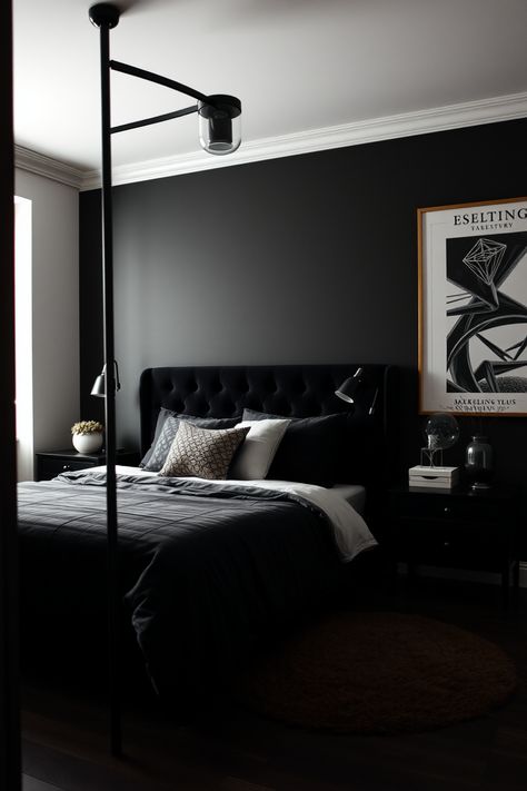 Transform your space with these 15 amazing black bedroom ideas! Black bedrooms are stylish and can create a cozy, inviting atmosphere. From nature-inspired themes to luxurious touches, explore unique designs that will inspire you to make your bedroom a sanctuary. Find inspiration from bold black walls, elegant accents, and thoughtful decor. Perfect for modern trends, our ideas cater to all styles Grey Room Ideas Bedroom, Black And Grey Bedroom, Dark Gray Bedroom, Black Walls Bedroom, Gray Bedroom Ideas, Black White Bedrooms, Dark Grey Rooms, Black Bedroom Design, Black Bedroom Decor